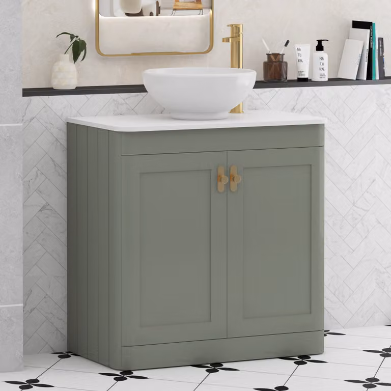 Royal Bathrooms Henley 800mm Sage Green Floor Standing 2 Door Vanity Unit with Plain White Worktop, Breeze Basin and Brushed Brass Knob