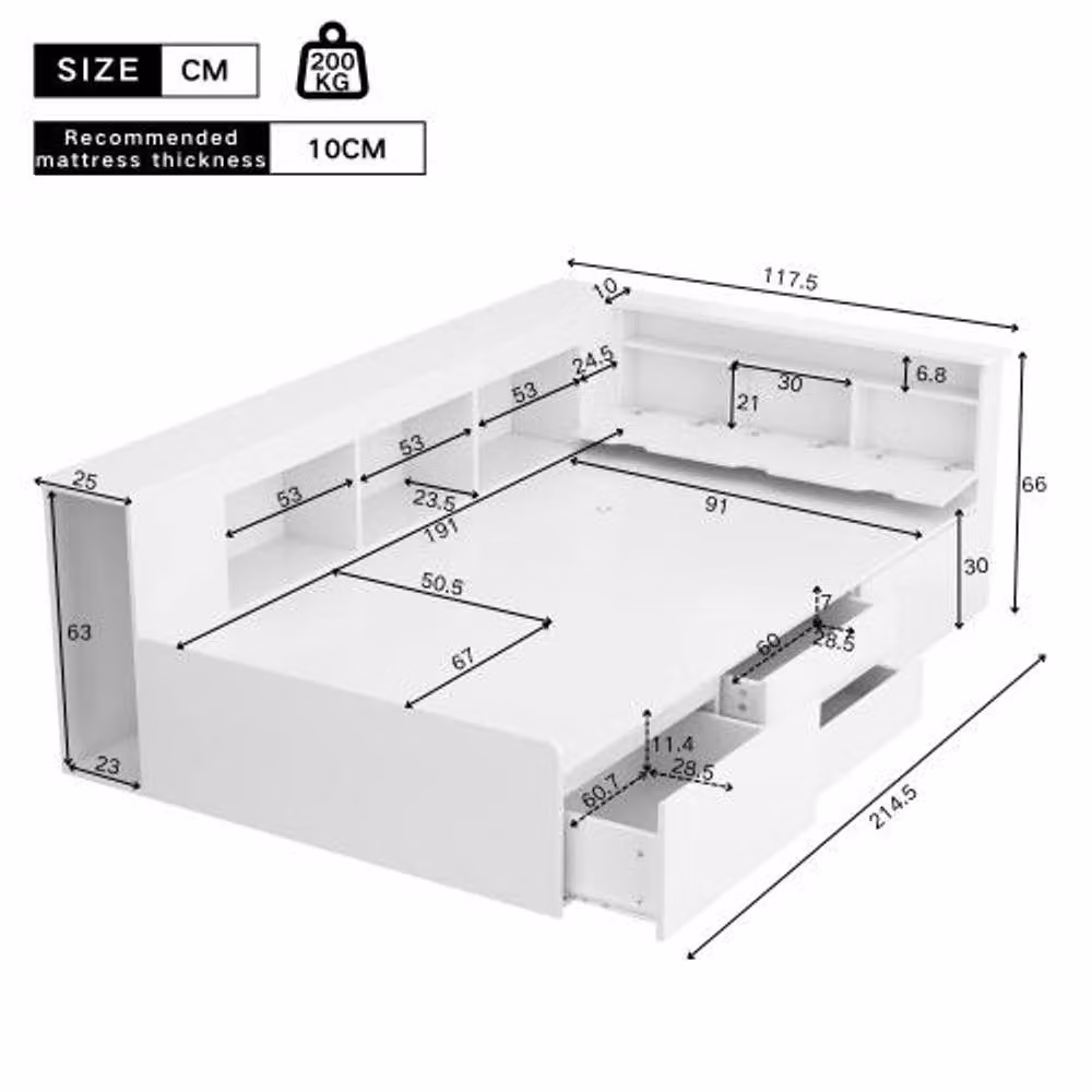 STILVORA Single Bed Frame with Storage Drawers and Bedside Shelf, White, W/D/H: 90 x 190 cm – 2