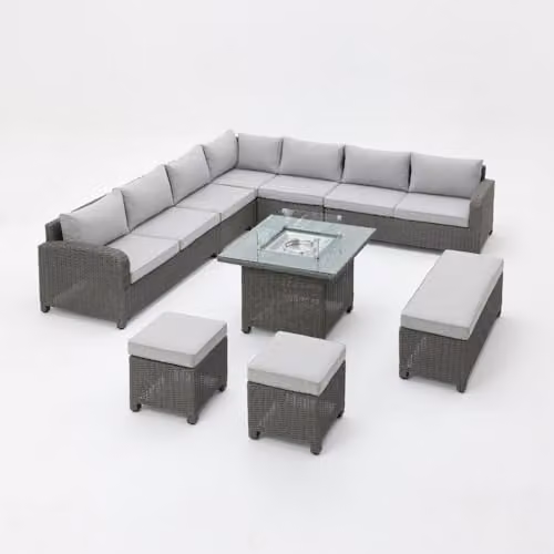 Home Detail Hadley 7 Seater L-Shape Corner Rattan Garden Sofa Set in Grey with Fire Pit Table and Matching Ottoman – 1