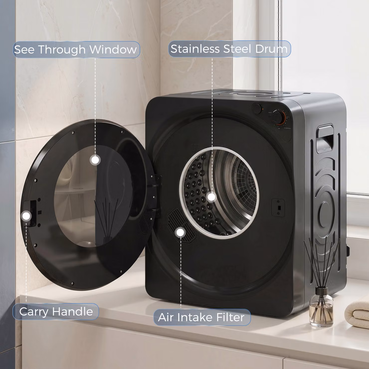 HOMCOM 5kg Vented Tumble Dryer, 1000W Compact Front Loader with 5 Drying Modes and Stainless Steel Tub, Black – 7
