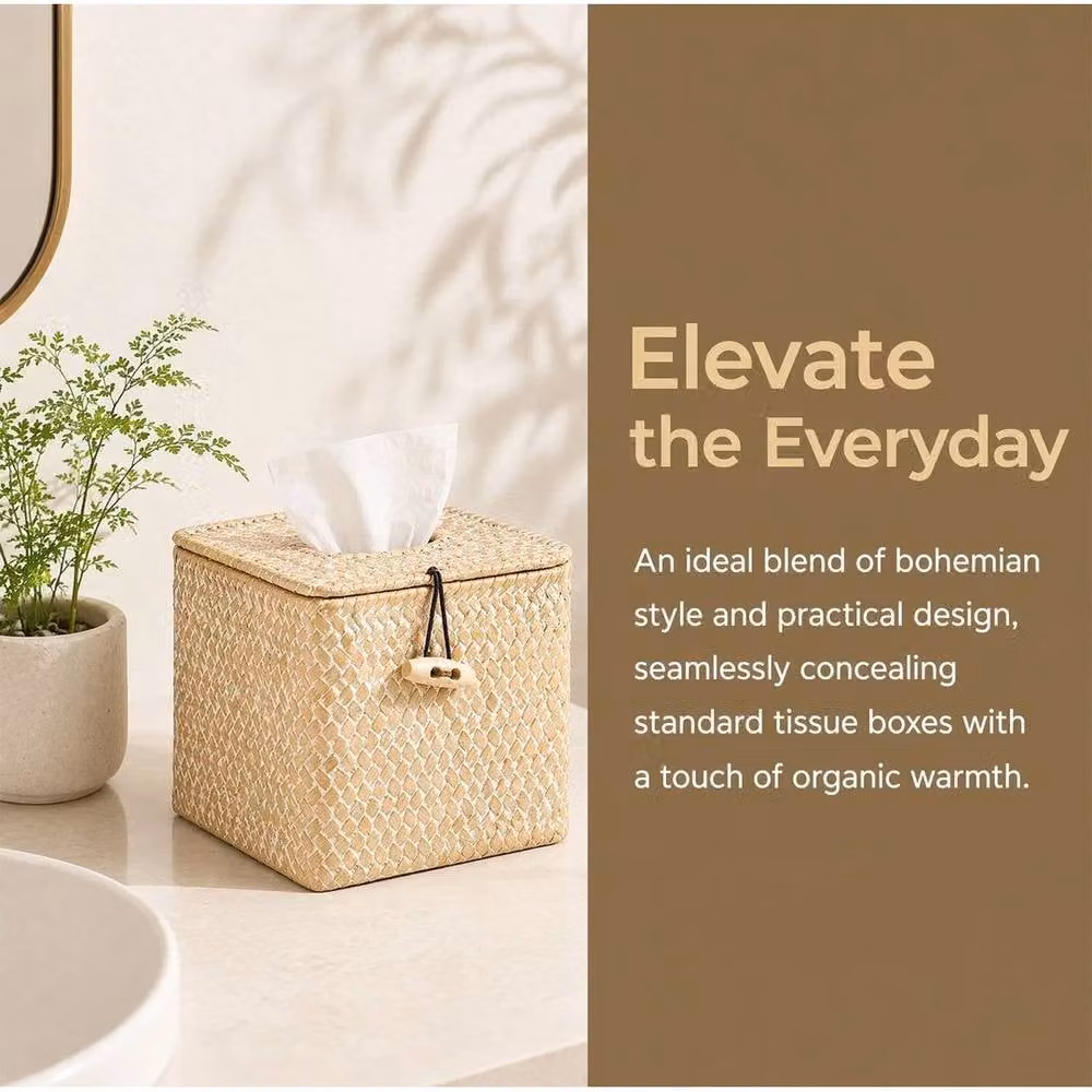 Kelvenix Square Seagrass Woven Tissue Holder in Beige – 2