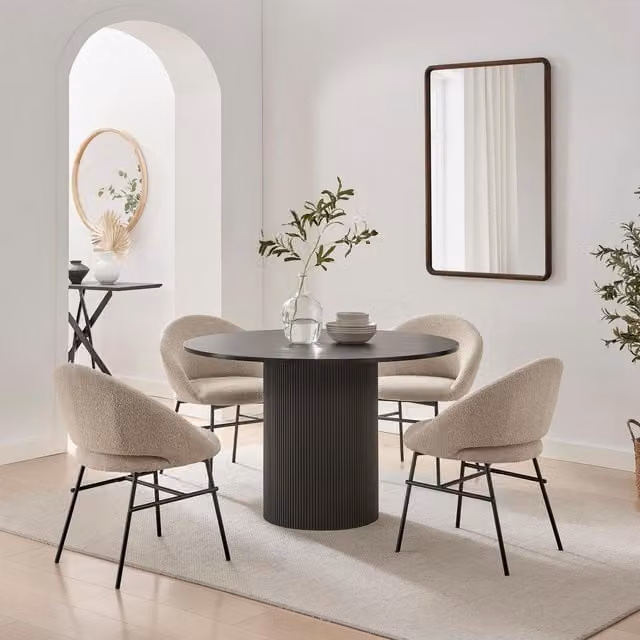 Furniturebox UK Penrose Round Black Wood Dining Table and 4 Nella Beige Chairs, Diameter: 120 cm