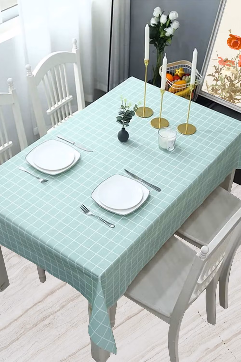 Neel Blue Checked PVC Rectangular Tablecloth in Light Blue, W: 137 cm, L: 180 cm – 2