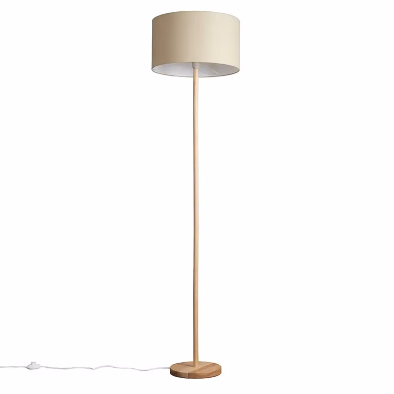 ValueLights Scandinavian Wood Floor Lamp with Beige Fabric Cylinder Shade