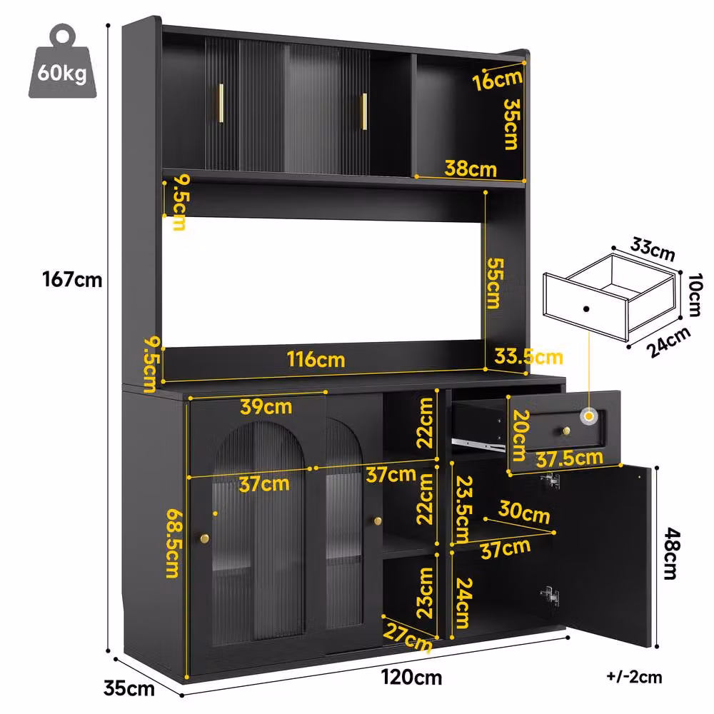 ModernLuxe Tall Kitchen Cupboard in Matt Black with Glass Doors, Internal Drawers and Integrated LED Lighting, W/D/H: 120 x 48.85 x 167 cm – 2