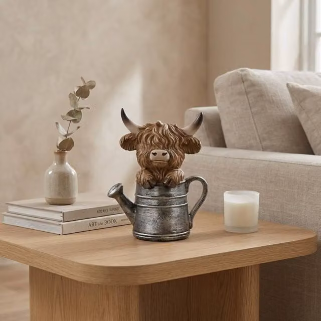 Garden Greatness Highland Cow In Watering Can Ornament, Brown and Multicolour