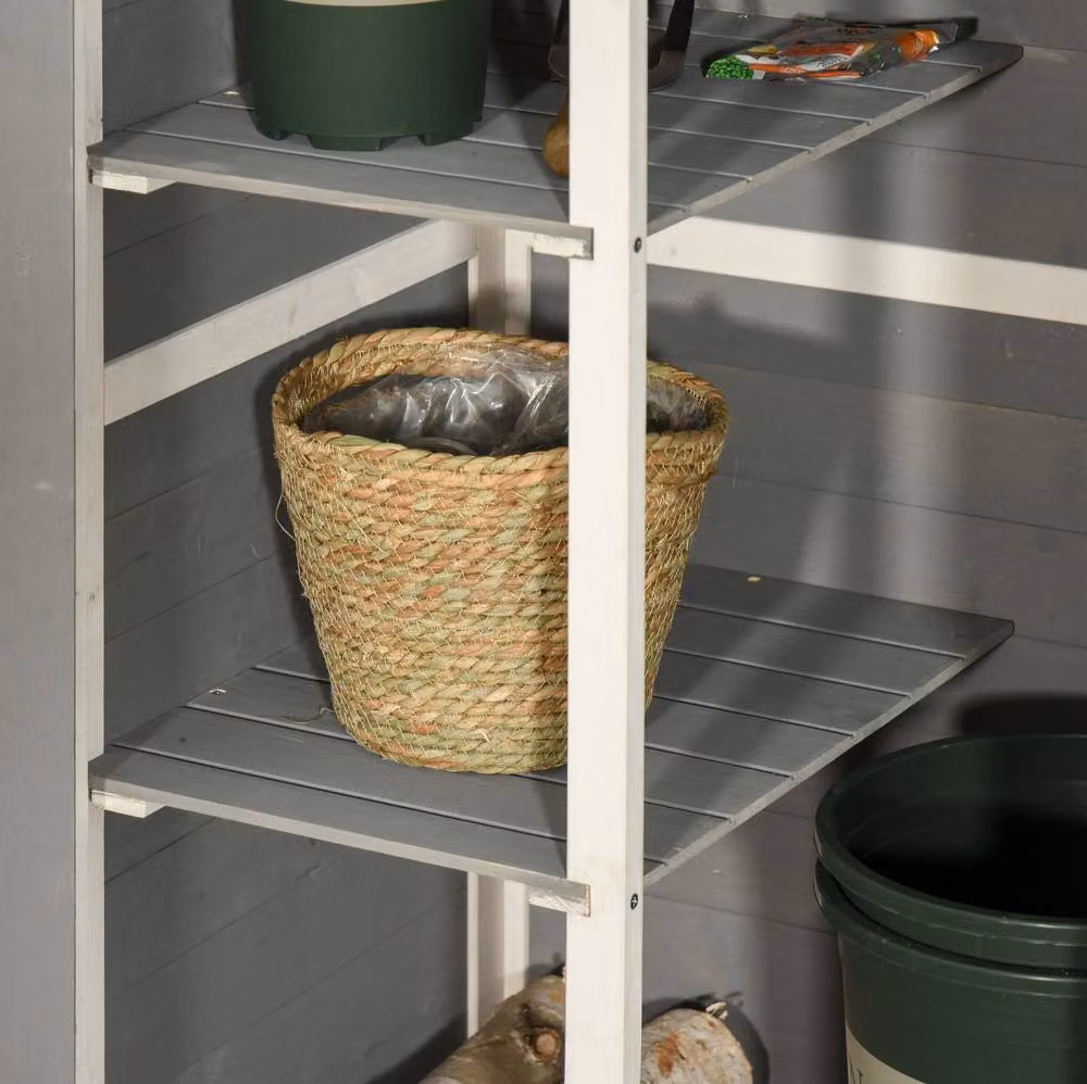 STILVORA Grey Wooden Garden Storage Shed with Shelving and Double Doors W/D/H: 131 x 115 x 50 cm – 8