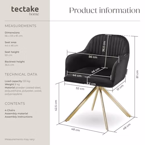 tectake Set of 4 Black and Gold Velvet Swivel Dining Chairs with Armrests and Steel Legs – 3