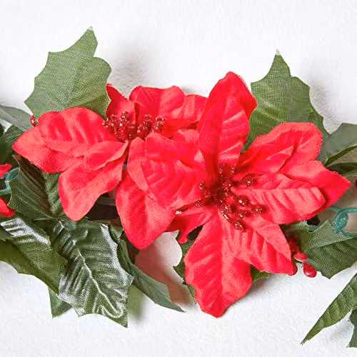 Homescapes Artificial Red and Green Christmas Floral Garland with Poinsettia Flowers and Leaves, 175 cm – 2