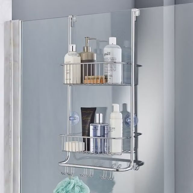 House of Home 2 Tier Over Door Shower Caddy Bathroom Storage Rack Shelf Organiser in Silver