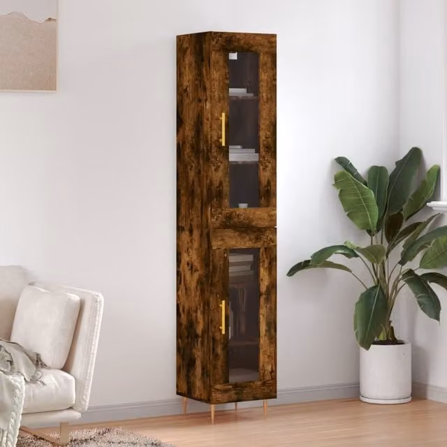 Berkfield Home Highboard in Smoked Oak Brown with Glass Doors, W: 34.5 cm, D: 34 cm, H: 180 cm – 1