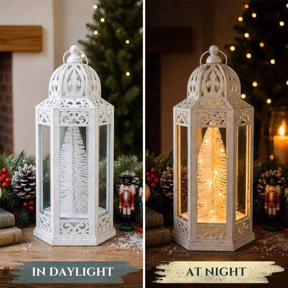 Shatchi White Hexagonal Vintage LED Christmas Tabletop Lantern, Height: 30 cm – 4