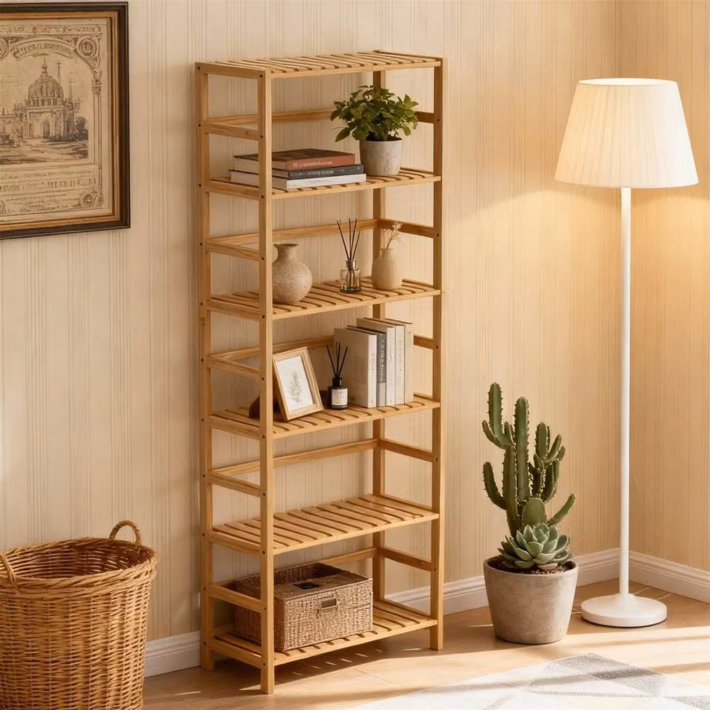ERGOVEXA Tall Bamboo Storage Rack and Plant Stand in Natural Brown with Adjustable Shelves – 3