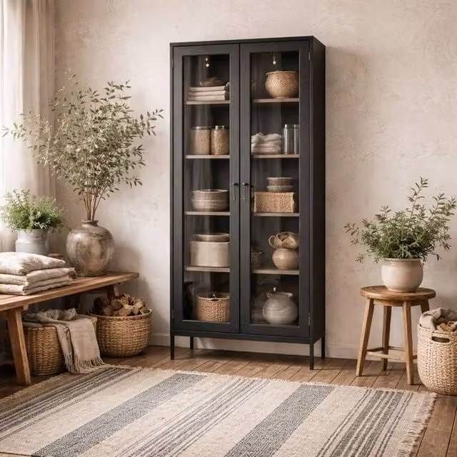 Wyld Haus Barla Black Steel Display Cabinet with 2 Glass Doors and Internal Shelves