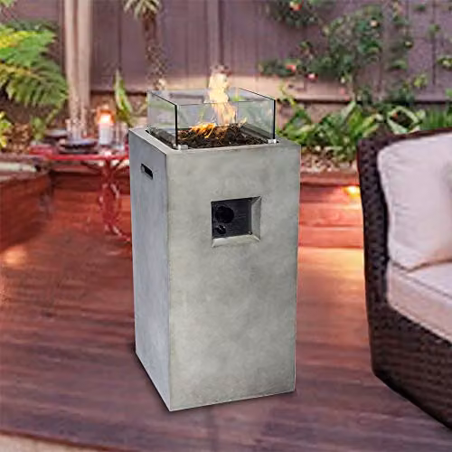 Teamson Home Grey Small Square Propane Gas Fire Pit Burner with Glass Screen, Lava Rocks and Cover, W/D/H: 42 x 42 x 80 cm – 3