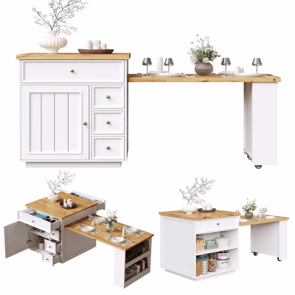Merax White Extendable Kitchen Island Dining Table, W/D/H: 120 x 70 x 94 cm to 184 x 70 x 94 cm – 2