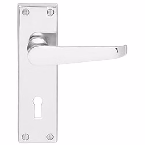 Loops Victorian Flat Lever on Lock Backplate Door Handle in Polished Chrome, W: 150 mm x H: 42 mm