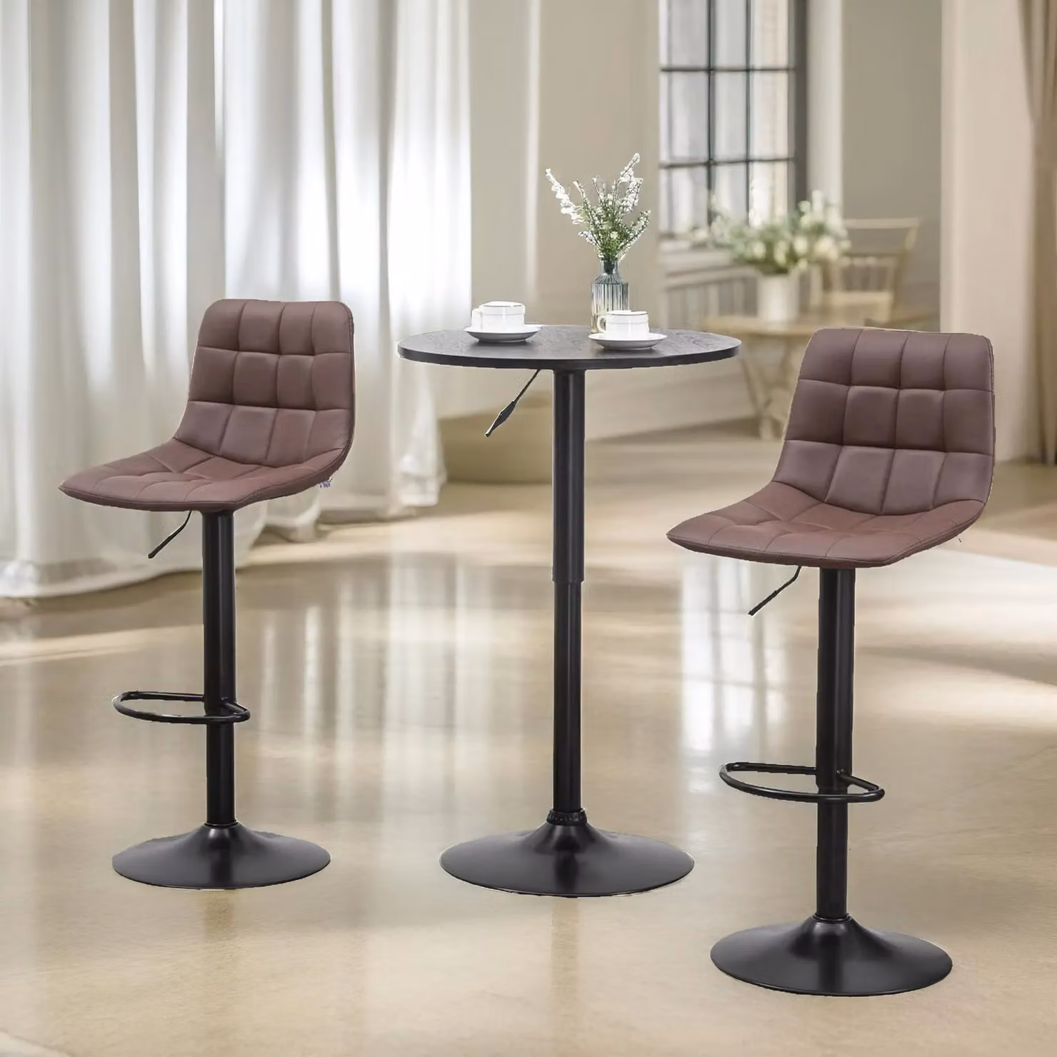 FURNOS Set of 2 Brown Synthetic Leather Height Adjustable 360 Swivel Barstools with Shell Seat – 3