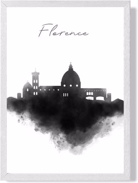 ARTZE Florence Watercolour Skyline City Framed Print, Black and White A2 Paper Poster with White Frame – 1