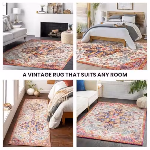 Livabliss Harput Vintage Boho Living Room Rug in Blue, Orange, Grey and Multicolour, W: 90 cm, D: 60 cm, H: 1 cm – 7