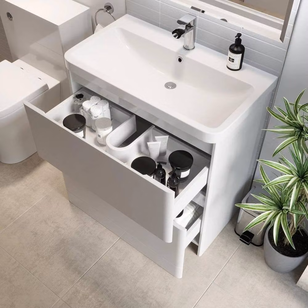 FORGEVIO Modern Freestanding White Glossy Bathroom Vanity Unit with Basin – 2