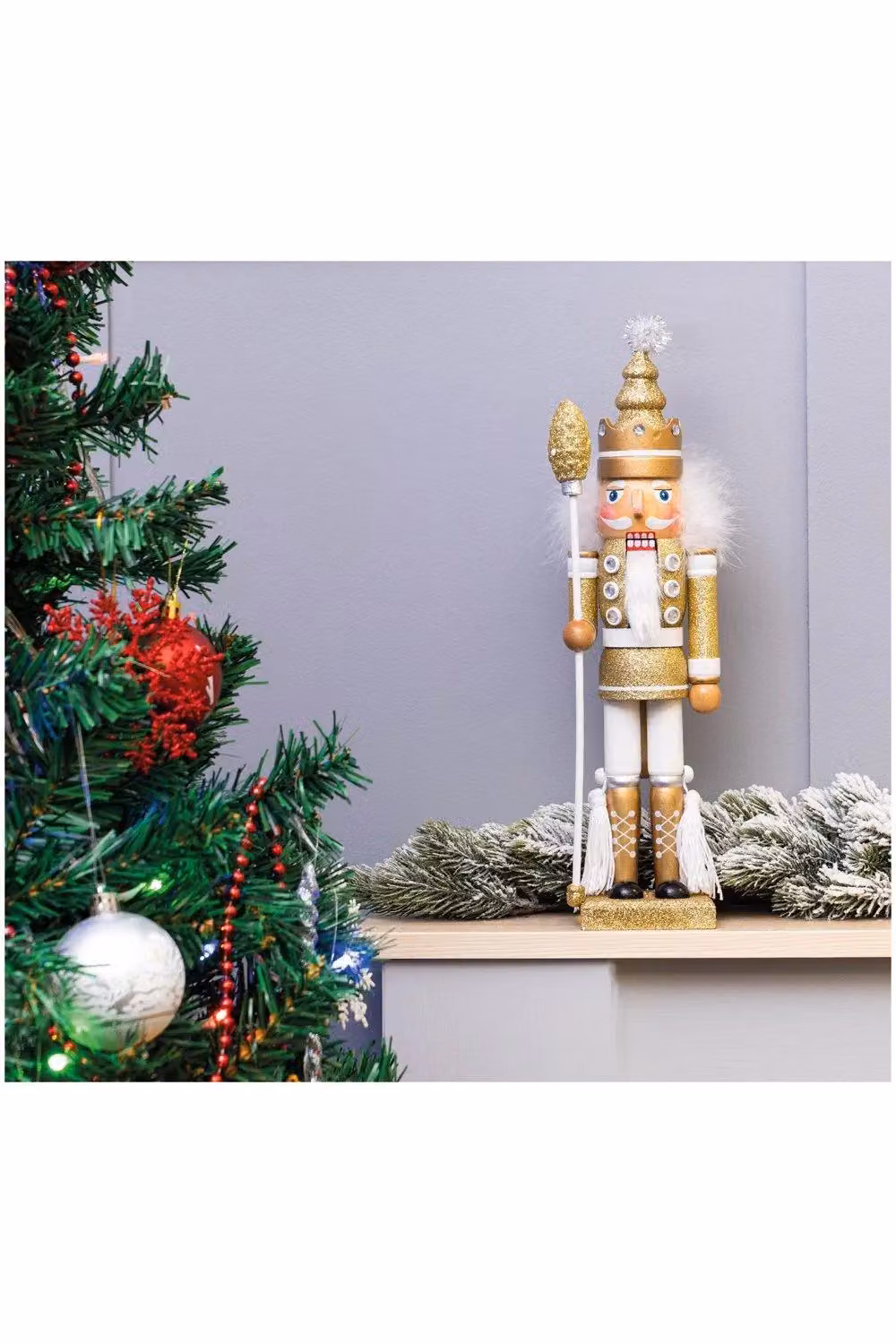 St Helens Home & Garden Gold, White and Silver Nutcracker with Staff Christmas Tabletop Decoration, Height: 40 cm – 5