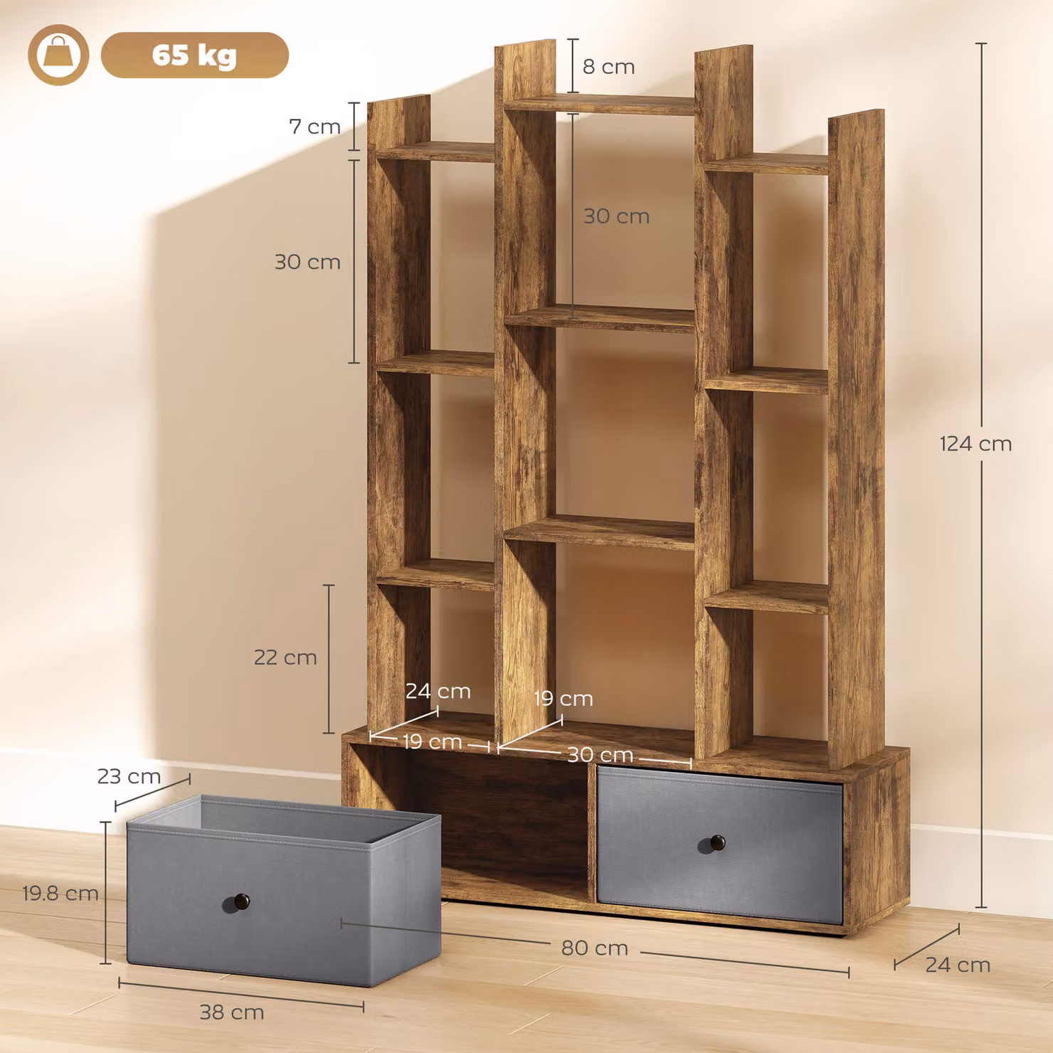 HOMCOM 12 Shelf Storage Unit with Drawers in Brown – 2