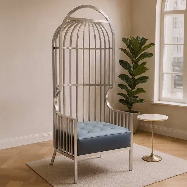 Orsina Art Deco Dome Cage Chair with Brushed Silver Metal Frame and Black Synthetic Leather Tufted Seat