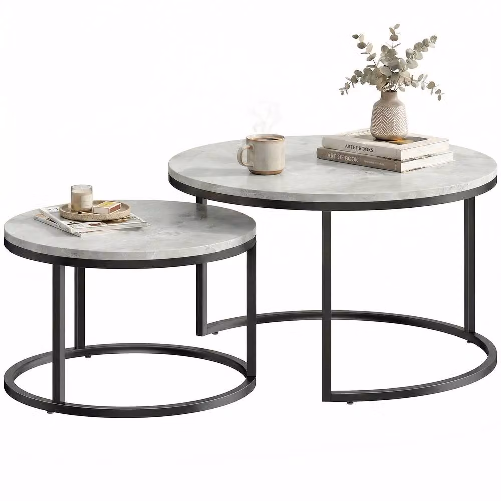 HOMCOM 2 Piece Nesting Coffee Table Set with Grey Steel Frame – 2