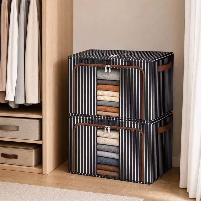 KORVIXA 2-Piece Large 100L Foldable Fabric Clothes Storage Boxes in Black, W/D/H: 50 x 50 x 50 cm