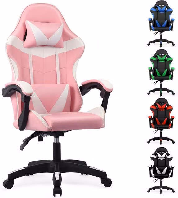 Lishetimig Ergonomic Pink PU Leather Gaming Chair with Headrest and Armrests