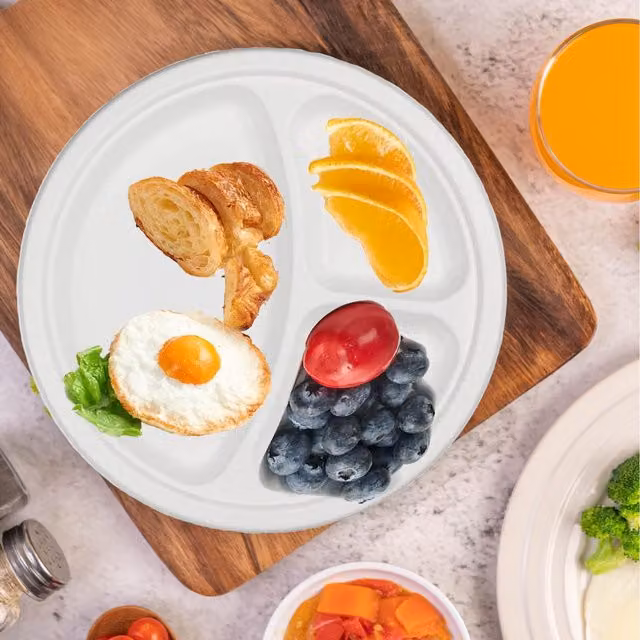 ECONX White 3 Compartment Disposable Bagasse Plates, 25.4 cm