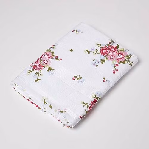 Homescapes Floral Printed Cotton Bath Towel in White, Pink and Green, W/D/H: 130 x 70 x 70 cm