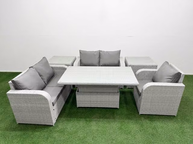 Fimous Grey Poly Rattan Garden Furniture Set with High Back Reclining Chair, 2 Seater Sofa, and Adjustable Table