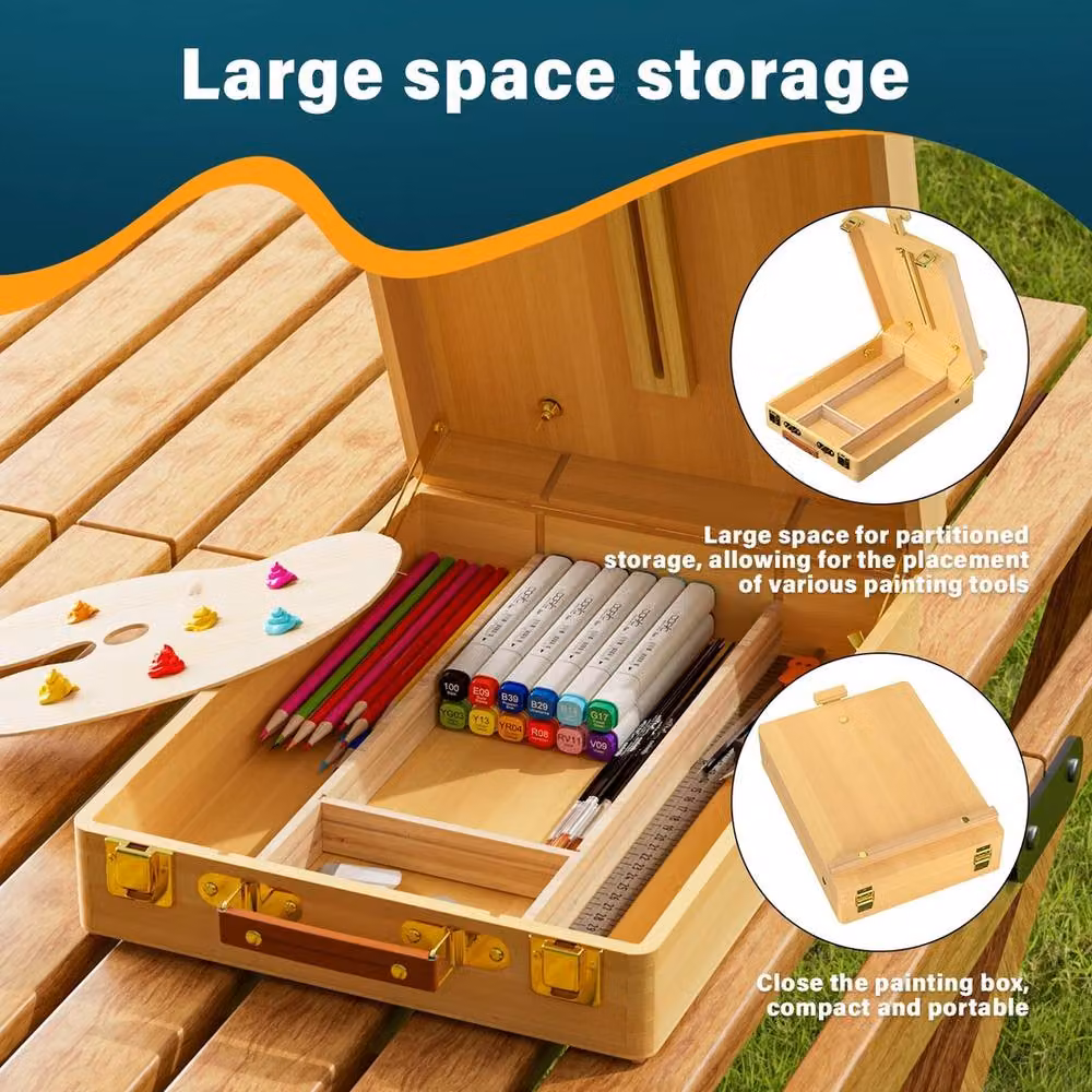 VOGREX Portable Wooden Sketch Box Easel Desk with Drawers in Beige – 3