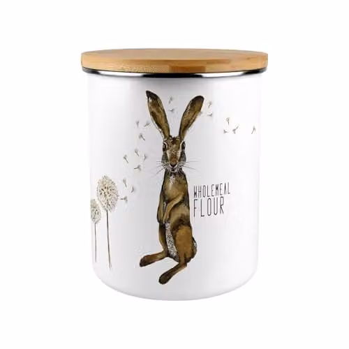 Purely Home Hares & Dandelions Extra Large Enamel Flour Canister with Bamboo Lid in Brown and White