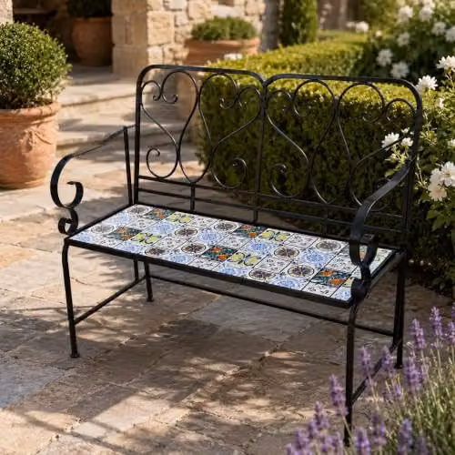 SHATCHI Lisbon 2 Seater Mosaic Garden Bench with Metal Frame and Glossy Geometric Ceramic Tile Seat, W: 112 cm, H: 96 cm, D: 47 cm – 2