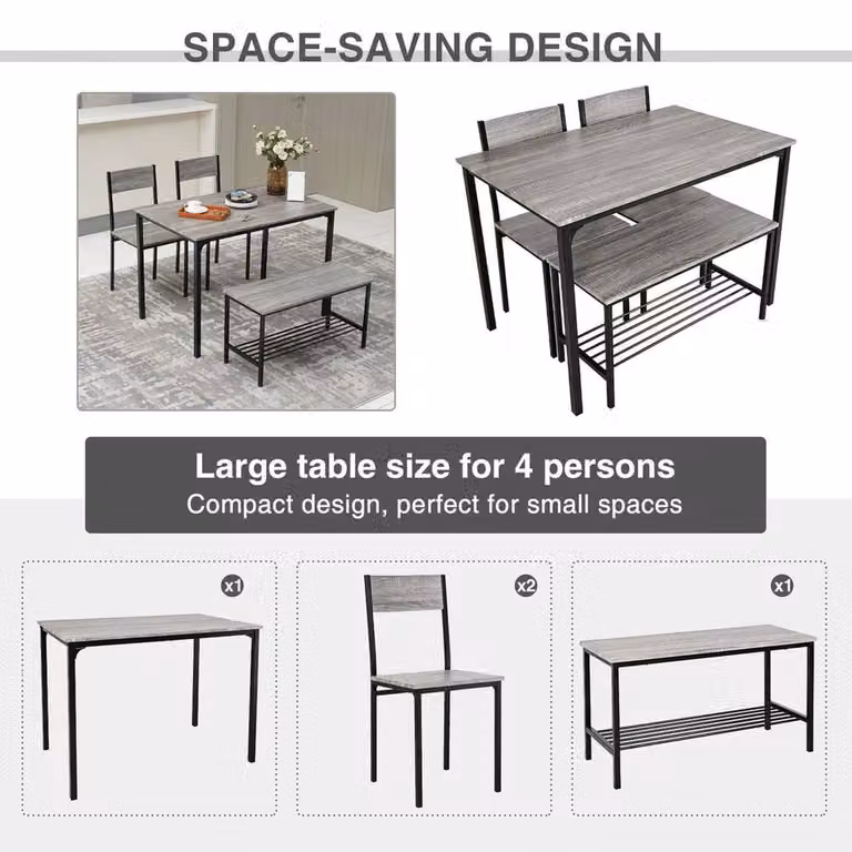 EONLION 4 Piece Grey Wooden Compact Dining Table Set with Rectangular Table W: 100 cm