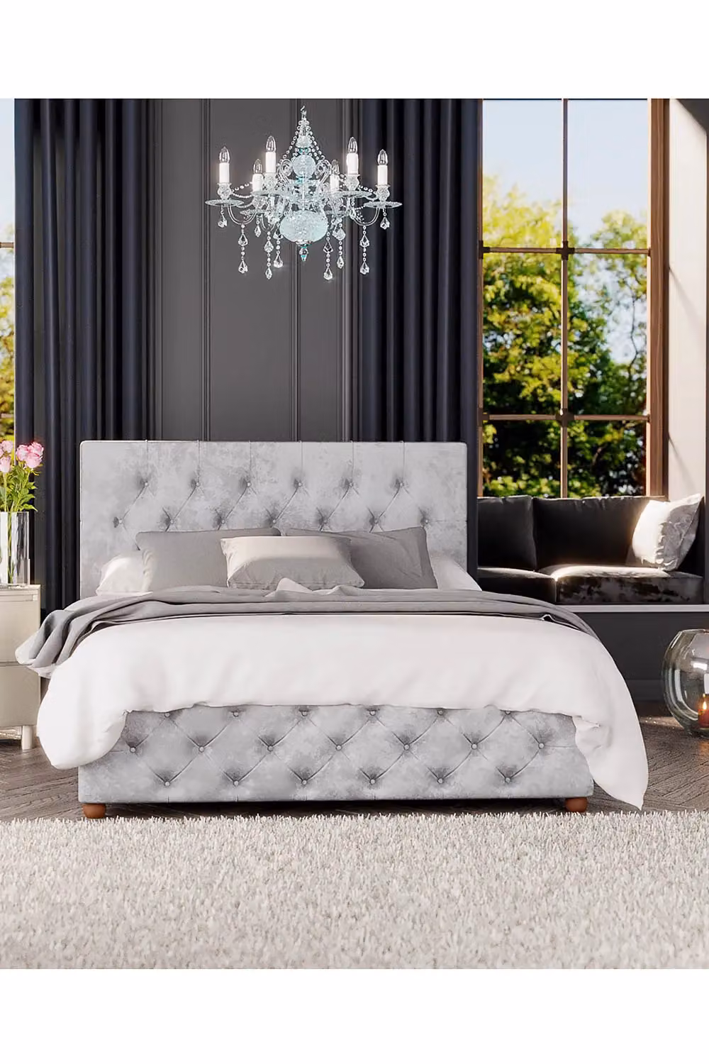 Laurence Llewelyn-Bowen Luna Ottoman Storage Bed in Silver Mirazzi Velvet Fabric, Double – 4