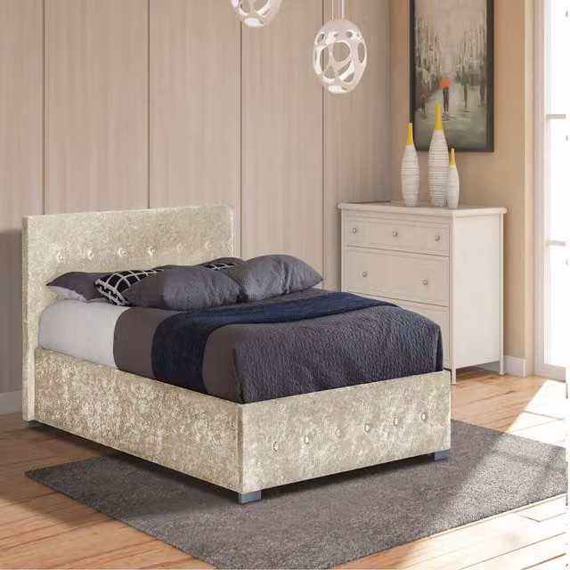 Comfy Living Beige Upholstered Velvet Ottoman Storage Bedframe with Lift Up Base, W/D/H: 140 x 200 cm