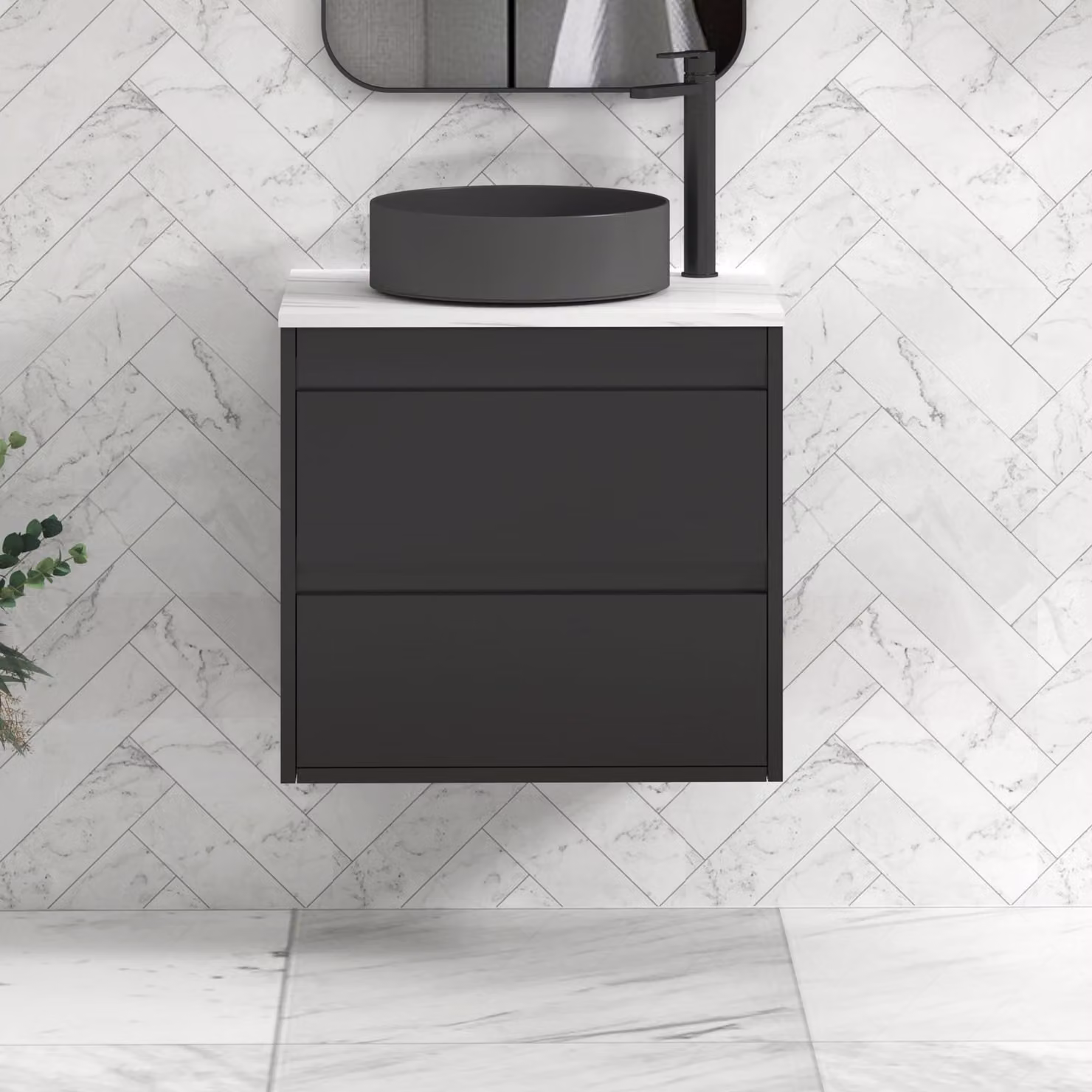 Royal Bathrooms Orion 800mm Matt Obsidian Black Wall Hung Vanity Unit with 2 Drawers and Art Round Basin
