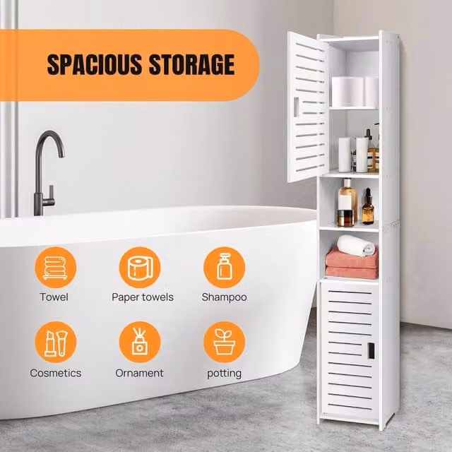 FORGEVIO White Modern Freestanding Storage Cabinet with Hinged Doors and Internal Shelves, H 116 x W 20 x D 20 cm