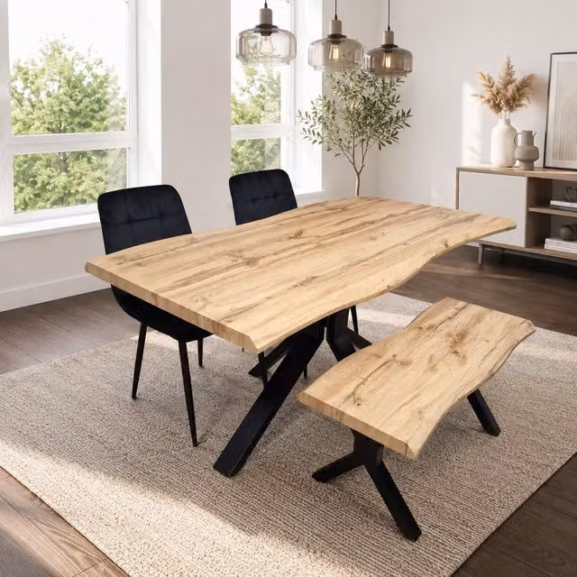 Kosy Koala Dakota Dining Set with Velvet Chairs and Bench in Black and Brown, W: 140 cm