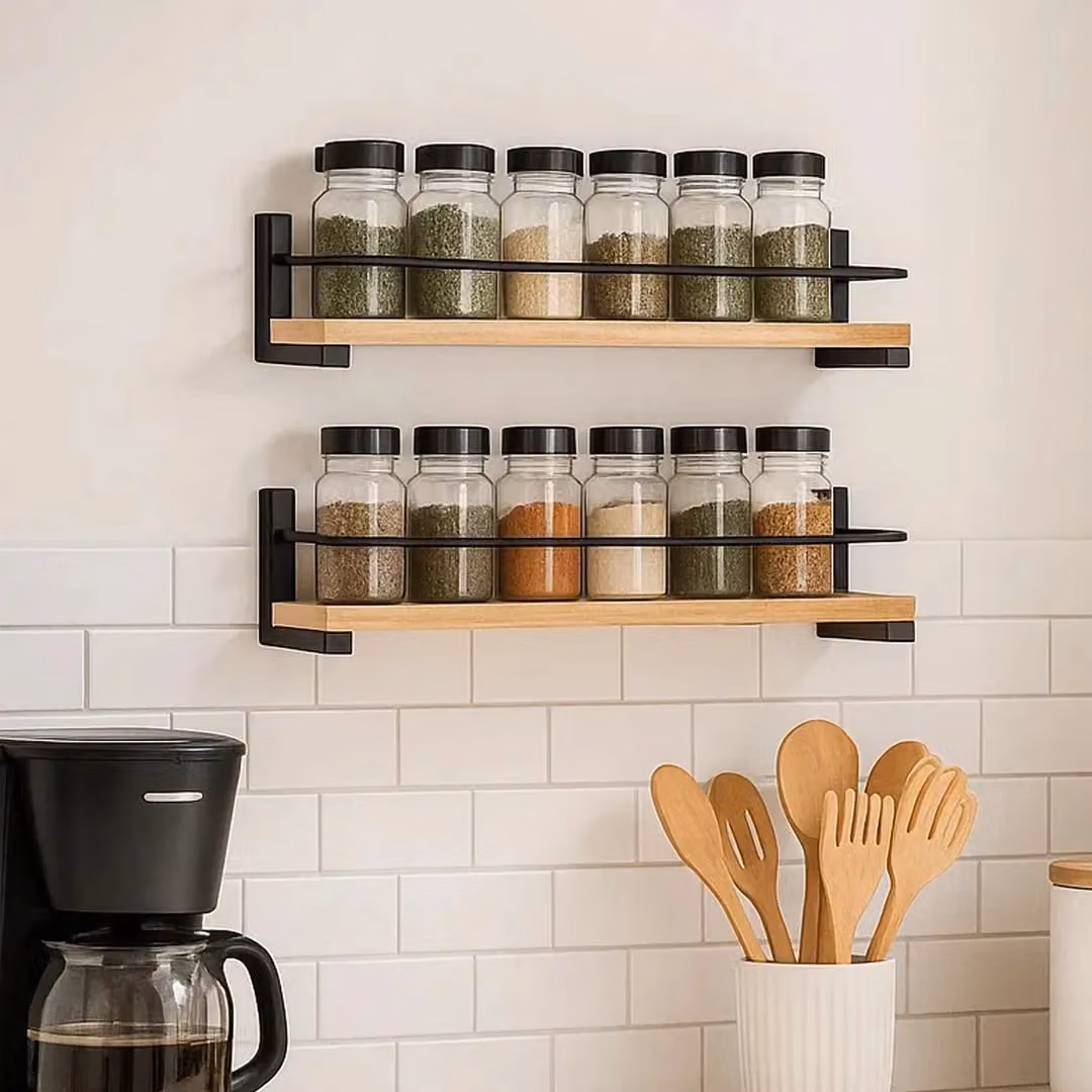 Hinsinc 2-Pack Brown Wooden Wall Mounted Kitchen Spice Racks, W/D/H: 40 x 9 x 7 cm – 6
