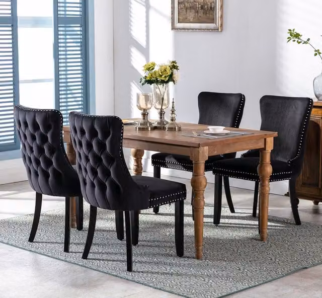 HomeTouch Sierra Set of 4 Black Velvet Tufted Dining Chairs with Oak Wood Legs