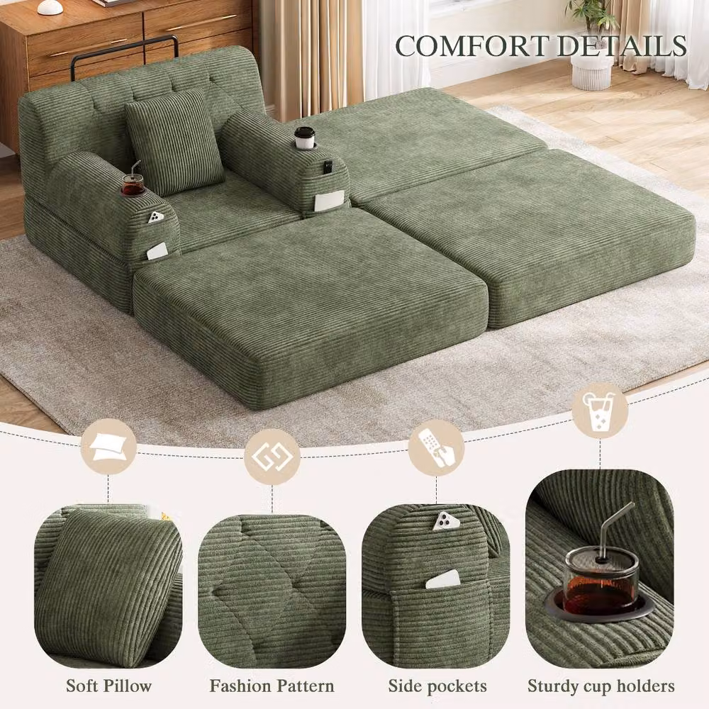 Rolipo Green Corduroy 1-Seater Sleeper Chair and Sofa Bed with Cup Holders – 4