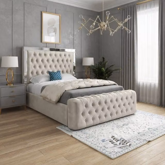 KDMD Wimborne Single Mirror Upholstered Designer Bed Frame in Beige Velvet with Silver Details – 1