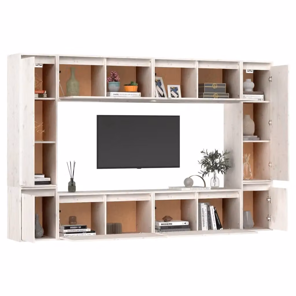 Berkfield Home Classic White Solid Wood Pine TV Cabinet Lowboard with Hinged Doors and Internal Shelves – 2