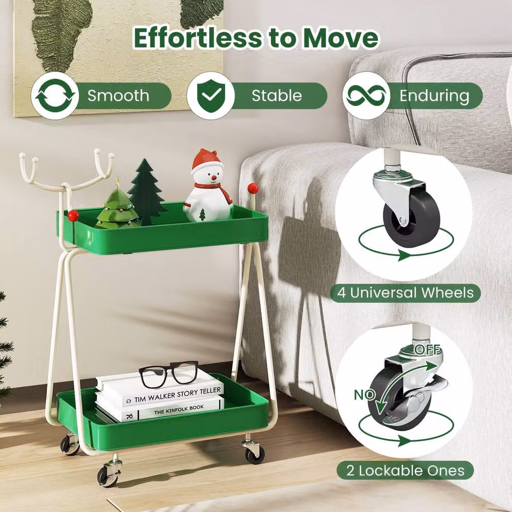 Gymax 2-Tier Reindeer Christmas Rolling Cart Side Table in Green – 3