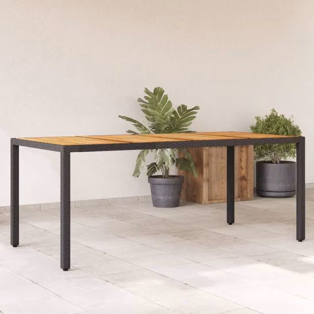 Berkfield Home Modern Garden Table with Black Poly Rattan and Acacia Wood Top, W/D/H: 190 x 90 x 75 cm